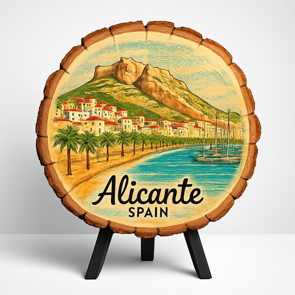 Alicante Spain Souvenir Gift – Wood Slice Plaque for Wall or Table, Vintage Spanish Souvenir for Plate Collectors & Travel Lovers, Rustic Decorative Gift