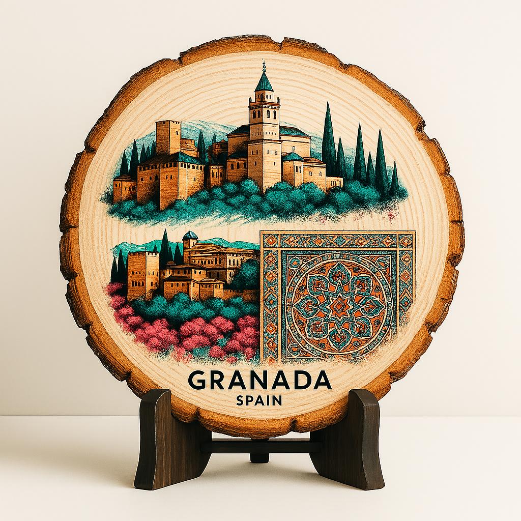 Granada Spain Souvenir Gift – Wood Slice Plaque for Wall or Table, Vintage Spanish Souvenir for Plate Collectors & Travel Lovers, Rustic Decorative Gift
