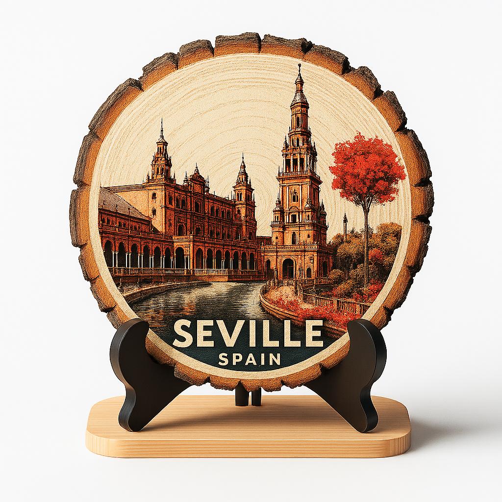 Seville Spain Souvenir Gift – Wood Slice Plaque for Wall or Table, Vintage Spanish Souvenir for Plate Collectors & Travel Lovers, Rustic Decorative Gift