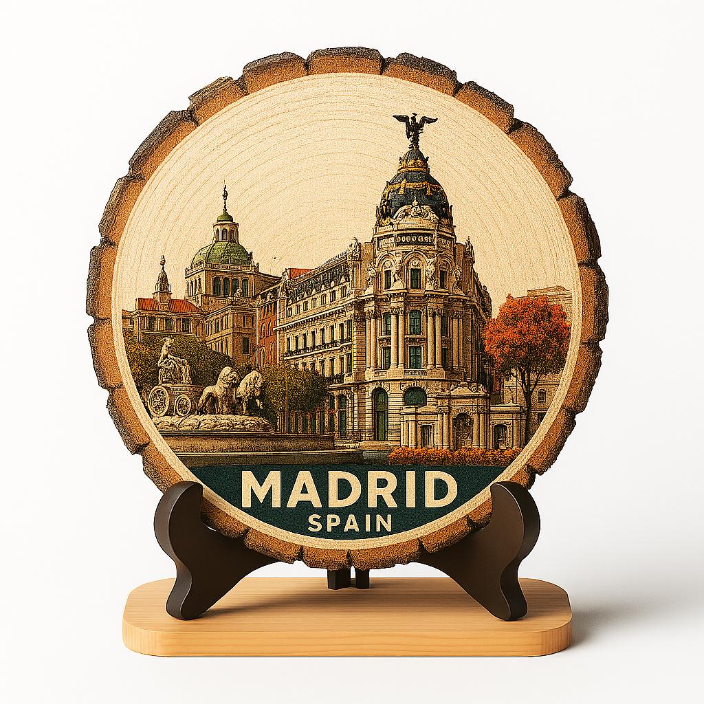 Madrid Spain Souvenir Gift – Wood Slice Plaque for Wall or Table, Vintage Spanish Souvenir for Plate Collectors & Travel Lovers, Rustic Decorative Gift