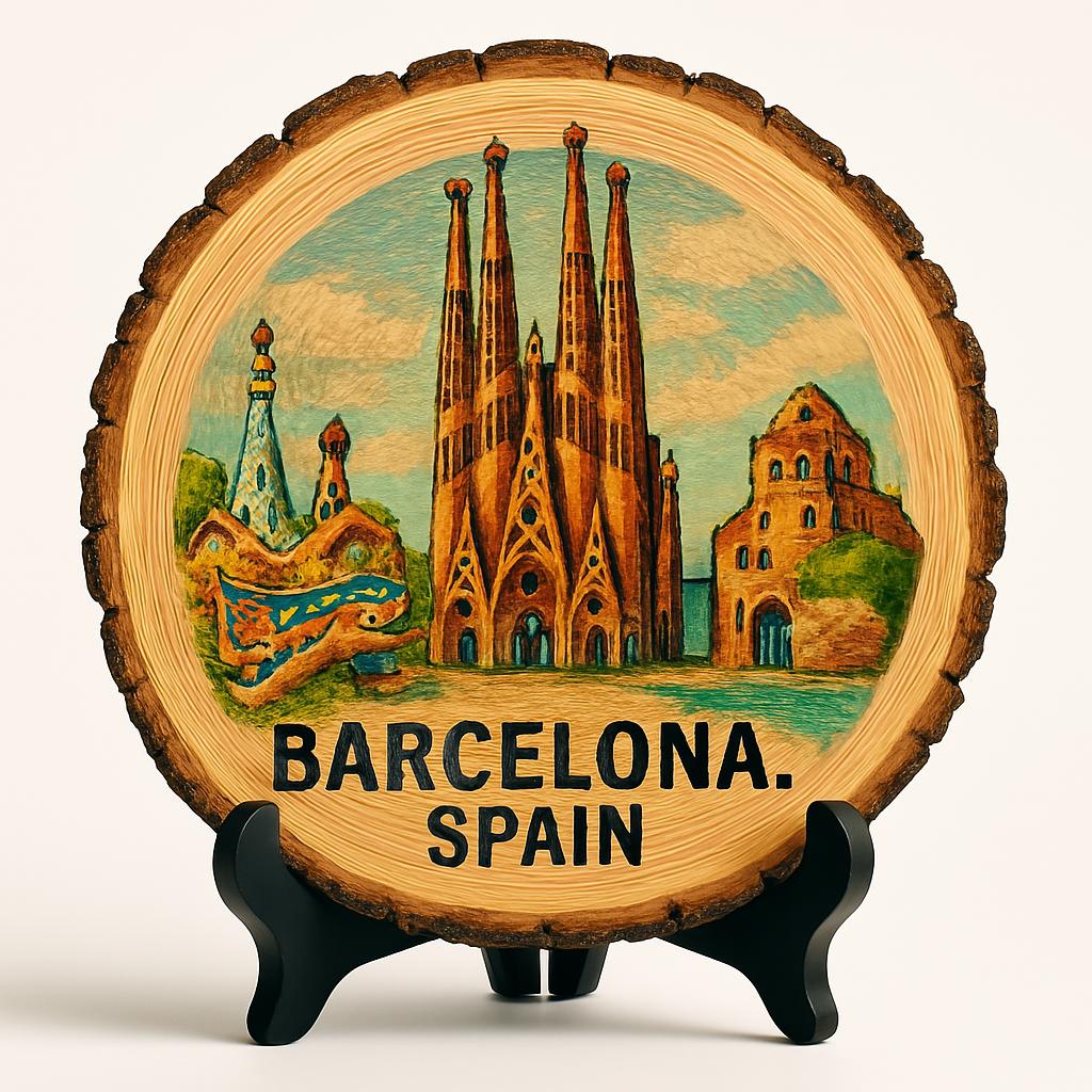 Barcelona Spain Souvenir Gift – Wood Slice Plaque for Wall or Table, Vintage Spanish Souvenir for Plate Collectors & Travel Lovers, Rustic Decorative Gift