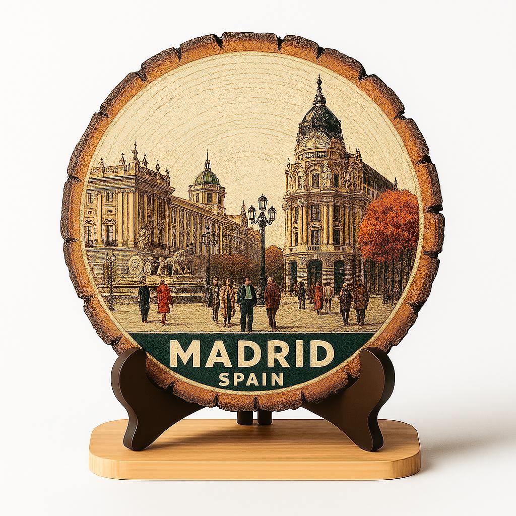 Madrid Spain Souvenir Gift – Wood Slice Plaque for Wall or Table, Vintage Spanish Souvenir for Plate Collectors & Travel Lovers, Rustic Decorative Gift