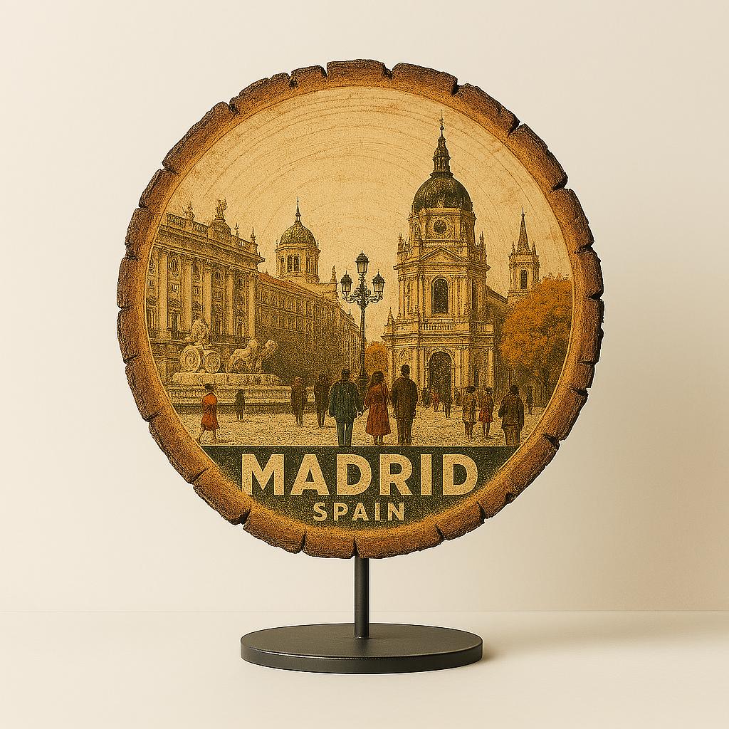 Madrid Spain Souvenir Gift – Wood Slice Plaque for Wall or Table, Vintage Spanish Souvenir for Plate Collectors & Travel Lovers, Rustic Decorative Gift
