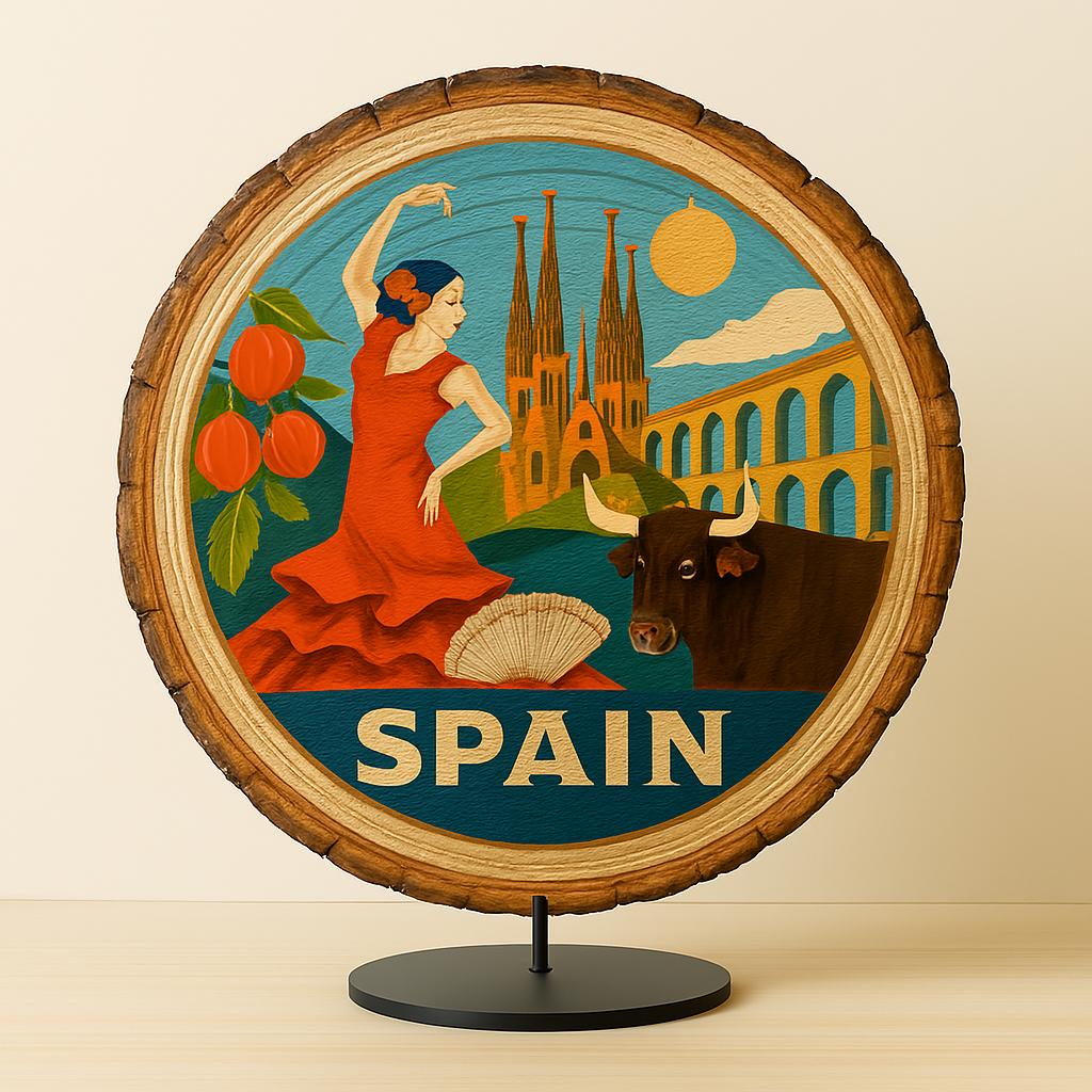 Spain Souvenir Gift – Wood Slice Plaque for Wall or Table, Vintage Spanish Souvenir for Plate Collectors & Travel Lovers, Rustic Decorative Gift