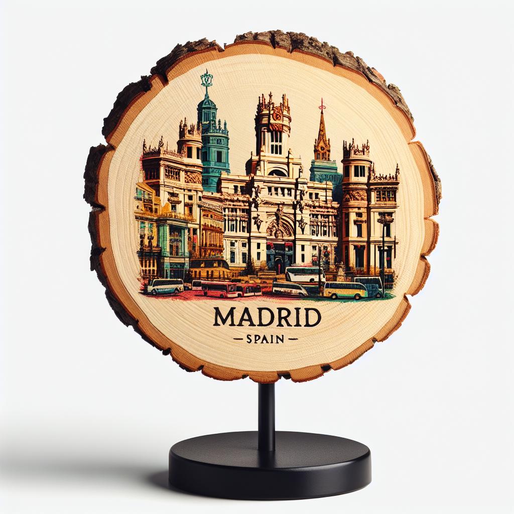 Madrid Spain Souvenir Gift – Wood Slice Plaque for Wall or Table, Vintage Spanish Souvenir for Plate Collectors & Travel Lovers, Rustic Decorative Gift