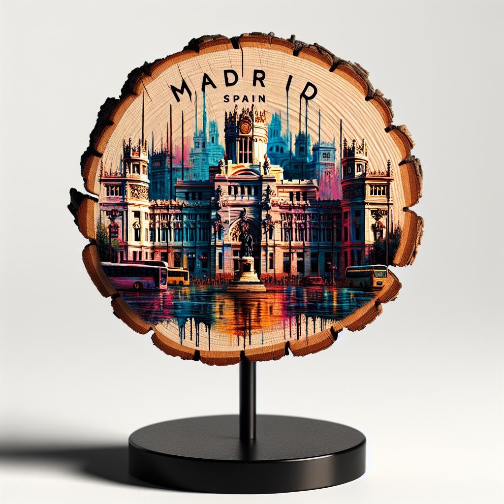 Madrid Spain Souvenir Gift – Wood Slice Plaque for Wall or Table, Vintage Spanish Souvenir for Plate Collectors & Travel Lovers, Rustic Decorative Gift