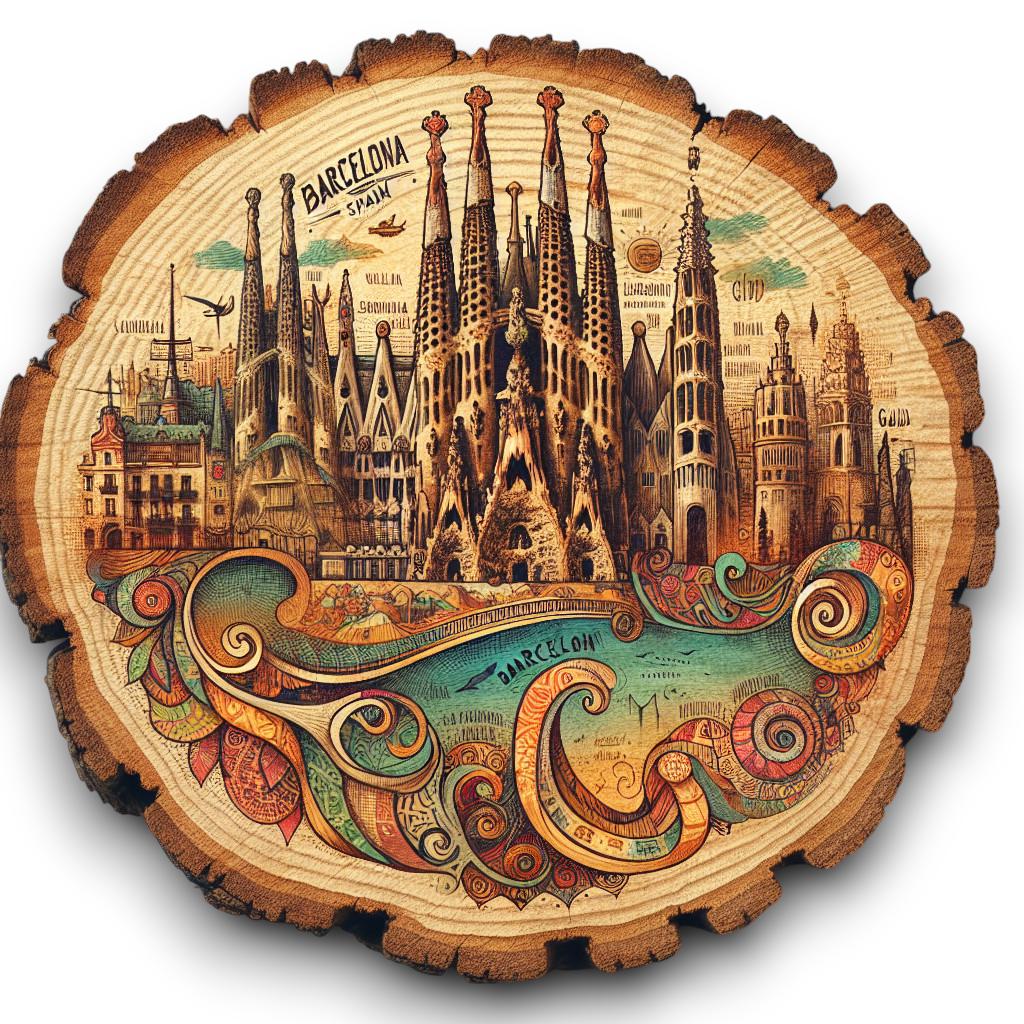 Barcelona Spain Souvenir Gift – Wood Slice Plaque for Wall or Table, Vintage Spanish Souvenir for Plate Collectors & Travel Lovers, Rustic Decorative Gift