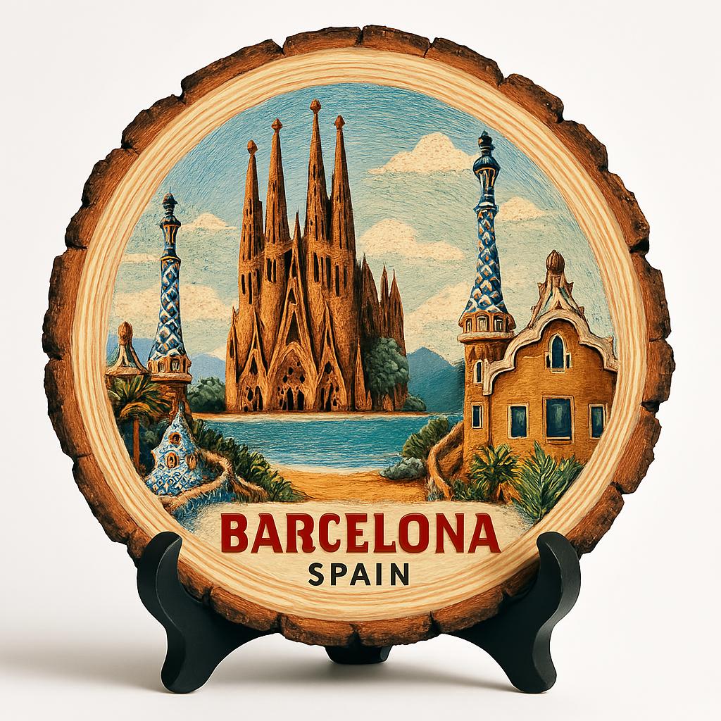 Barcelona Spain Souvenir Gift – Wood Slice Plaque for Wall or Table, Vintage Spanish Souvenir for Plate Collectors & Travel Lovers, Rustic Decorative Gift