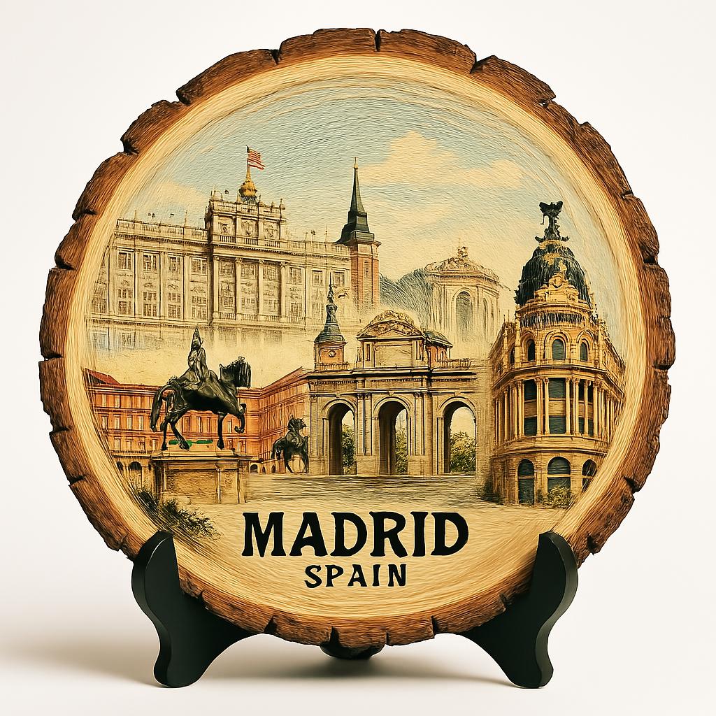 Madrid Spain Souvenir Gift – Wood Slice Plaque for Wall or Table, Vintage Spanish Souvenir for Plate Collectors & Travel Lovers, Rustic Decorative Gift