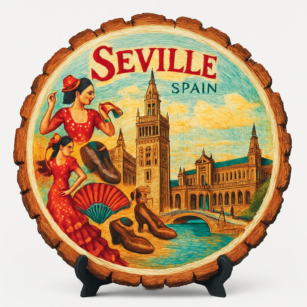Seville Spain Souvenir Gift – Wood Slice Plaque for Wall or Table, Vintage Spanish Souvenir for Plate Collectors & Travel Lovers, Rustic Decorative Gift