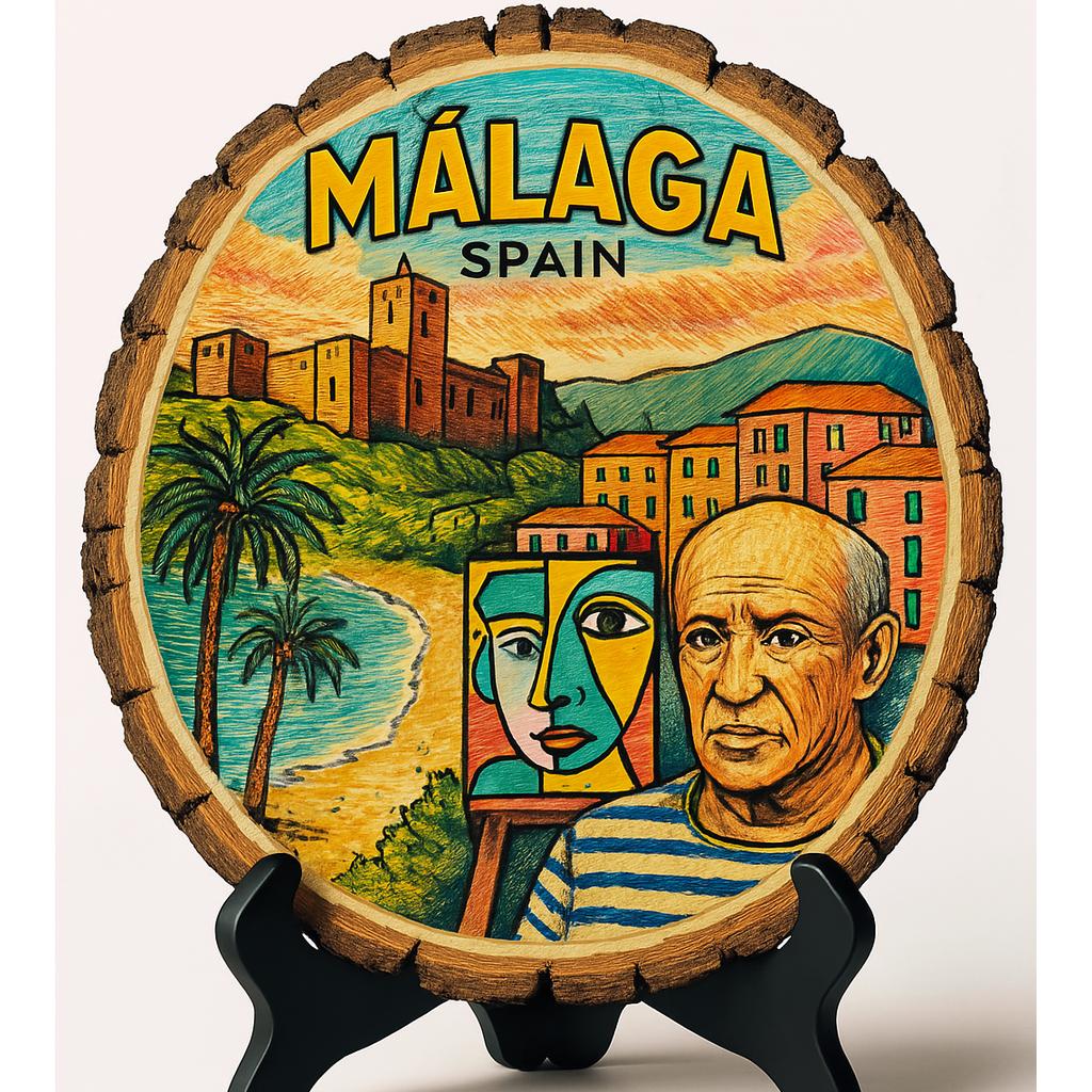 Malaga Spain Souvenir Gift – Wood Slice Plaque for Wall or Table, Vintage Spanish Souvenir for Plate Collectors & Travel Lovers, Rustic Decorative Gift