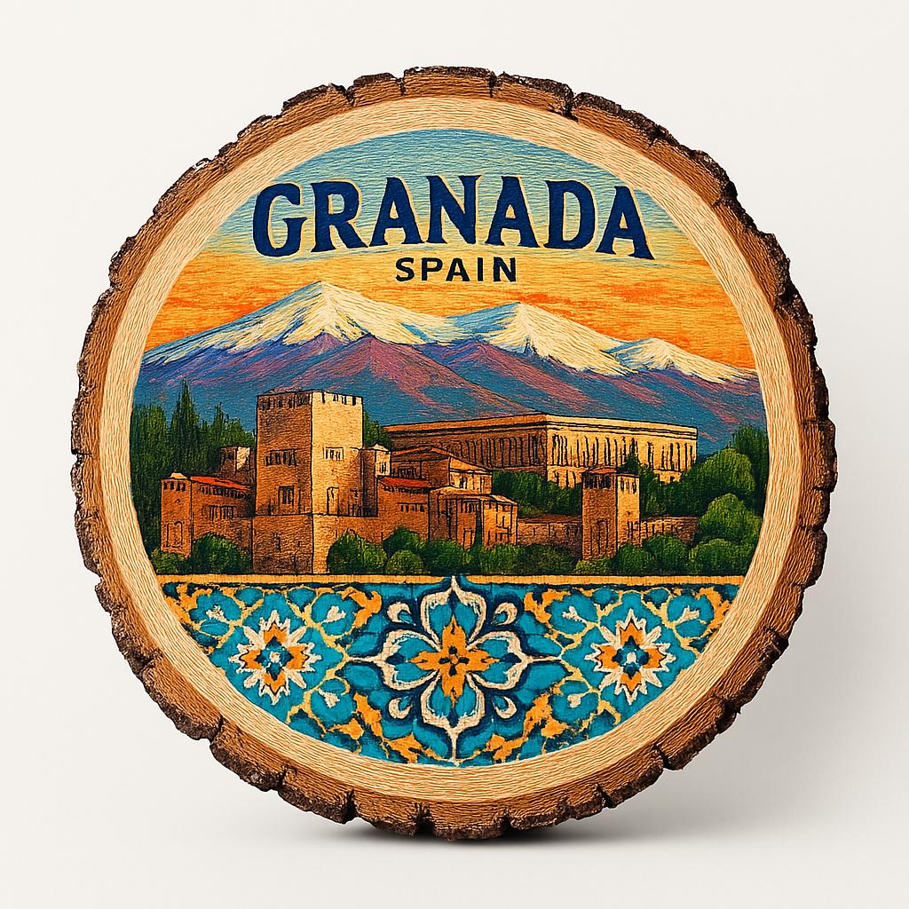 Granada Spain Souvenir Gift – Wood Slice Plaque for Wall or Table, Vintage Spanish Souvenir for Plate Collectors & Travel Lovers, Rustic Decorative Gift
