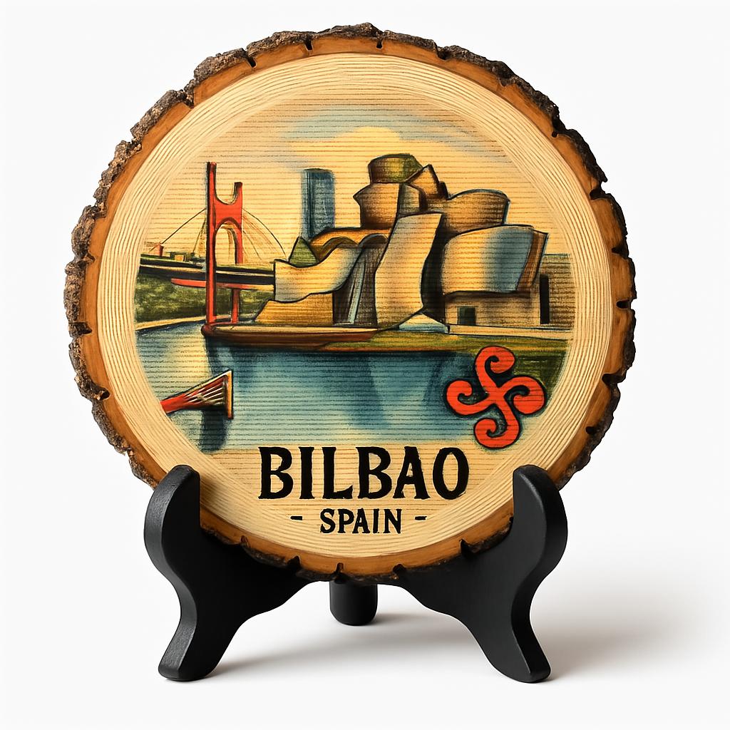 Bilbao Spain Souvenir Gift – Wood Slice Plaque for Wall or Table, Vintage Spanish Souvenir for Plate Collectors & Travel Lovers, Rustic Decorative Gift