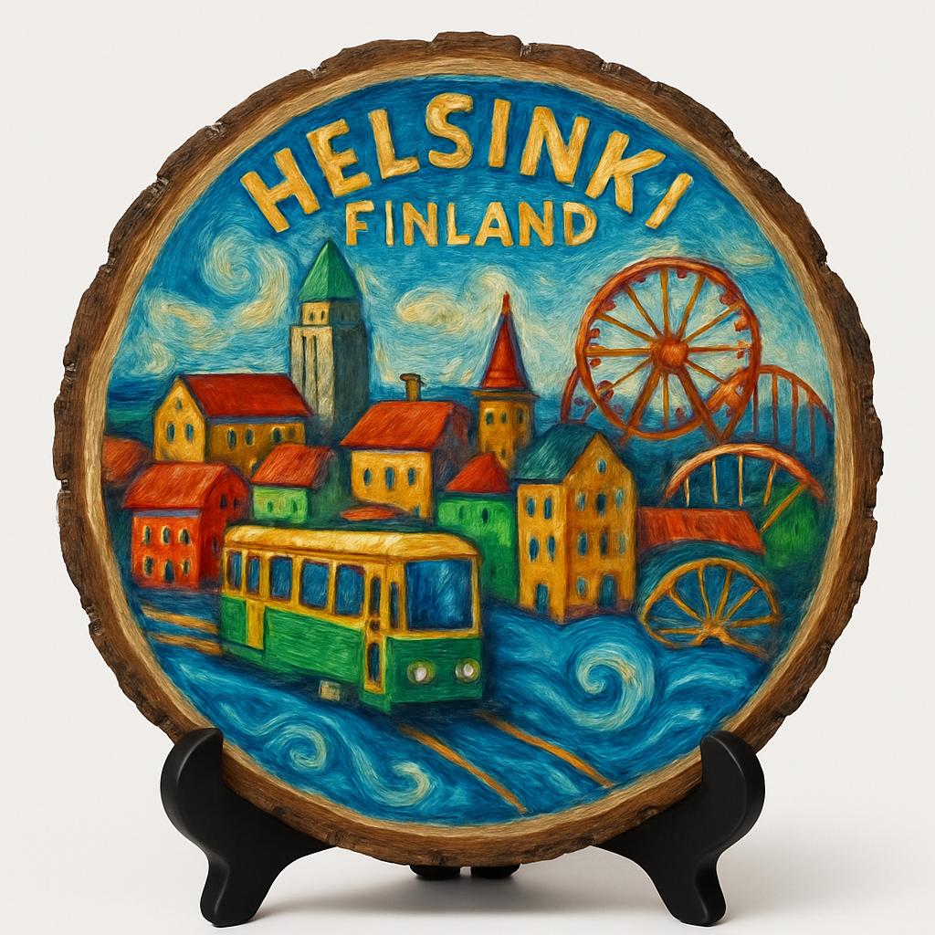 Helsinki Finland Wooden Plaque Souvenir – Artistic Wood Slice Keepsake, Finland Decorative Gift for Collectors, Tourists & World Travelers