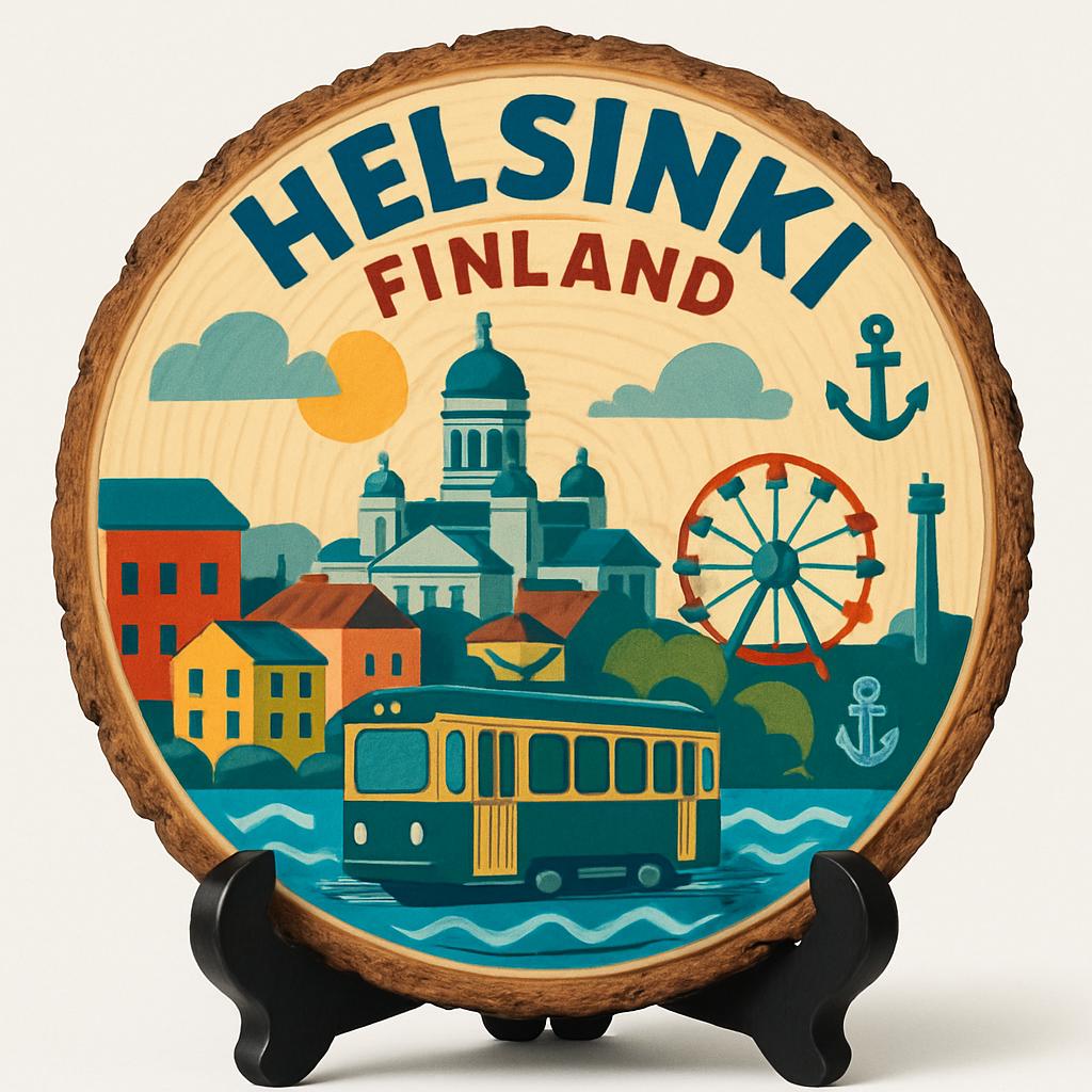 Helsinki Finland Collectible Travel Souvenir – Vintage Style Wooden Slice Plaque, Finland Keepsake for Vacationers, Souvenir Hunters & Home Display