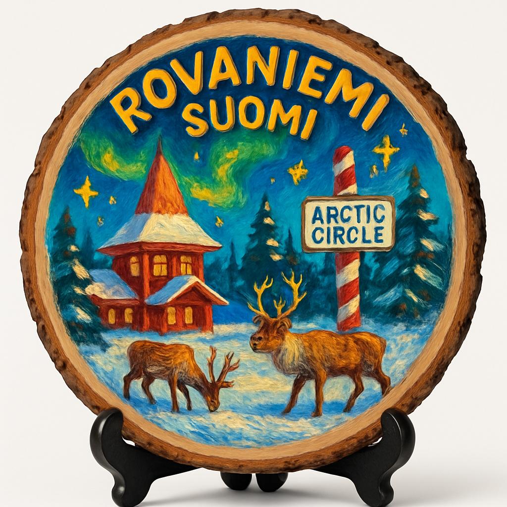 Rovaniemi Finland Travel Souvenir – Decorative Wooden Slice Plate for Display, Finland Keepsake for Collectors, Tourists & Home Décor Enthusiasts Rovaniemi Finland Travel Souvenir – Decorative Wooden Slice Plate for Display, Finland Keepsake for Collectors, Tourists & Home Décor Enthusiasts