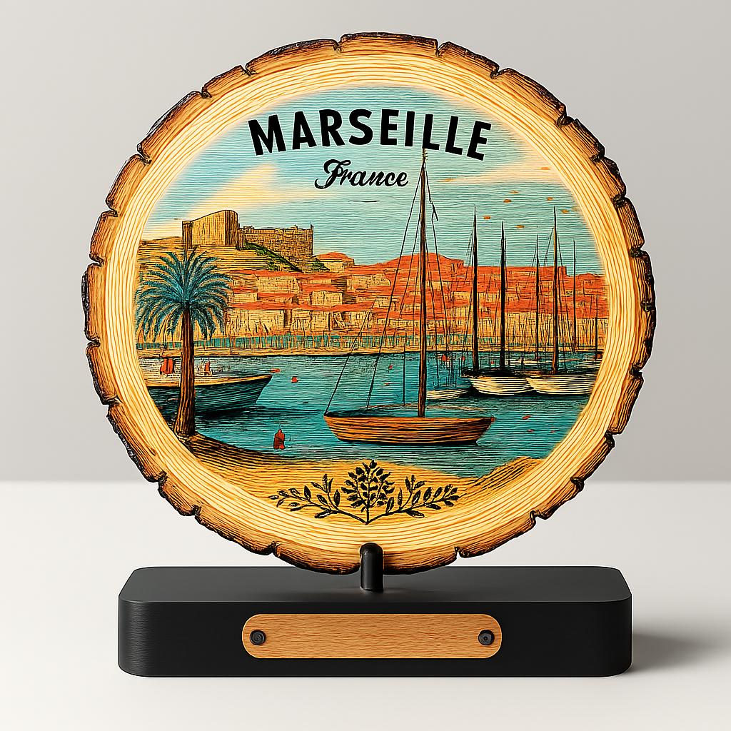Marseille France Souvenir Gift – Wood Slice Plaque for Wall or Table, Vintage France Souvenir for Plate Collectors & Travel Lovers, Rustic Decorative Gift
