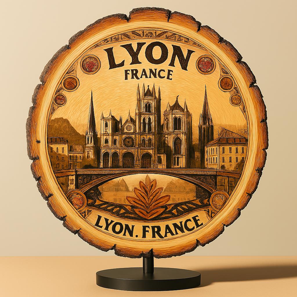 Lyon France Souvenir Gift – Wood Slice Plaque for Wall or Table, Vintage France Souvenir for Plate Collectors & Travel Lovers, Rustic Decorative Gift