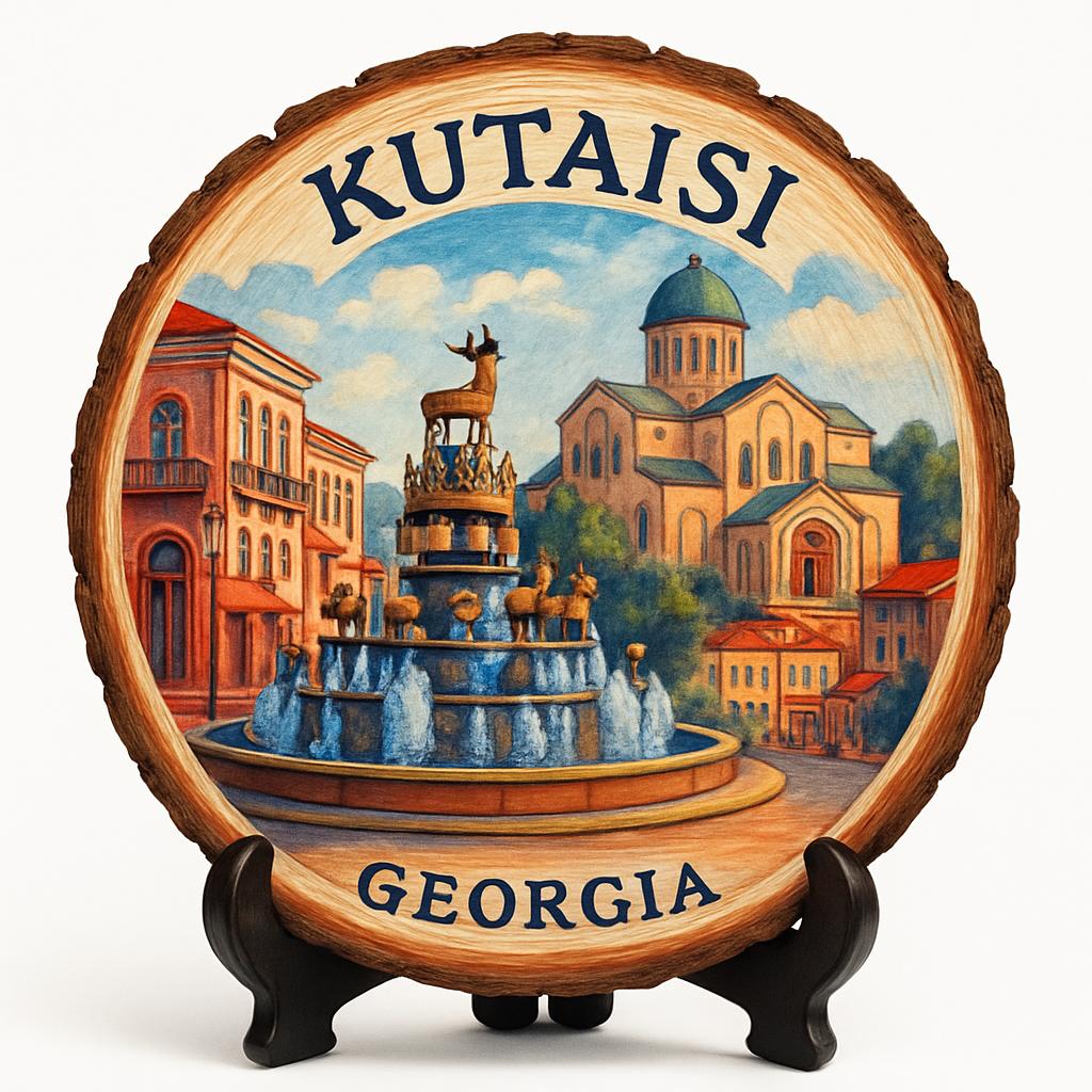 Kutaisi Georgia Souvenir Gift – Wood Slice Plaque for Wall or Table, Georgia (საქართველო) Souvenir Gift for Tourists, Historic Cityscape Decorative Gift