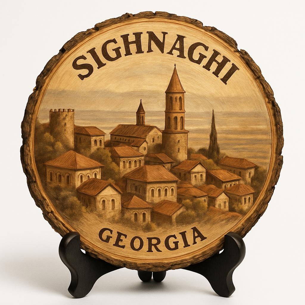 Sighnaghi Georgia Souvenir Gift – Wood Slice Plaque for Wall or Table, Georgia (საქართველო) Souvenir Gift for Tourists, Romantic Hilltop Village Decorative Gift
