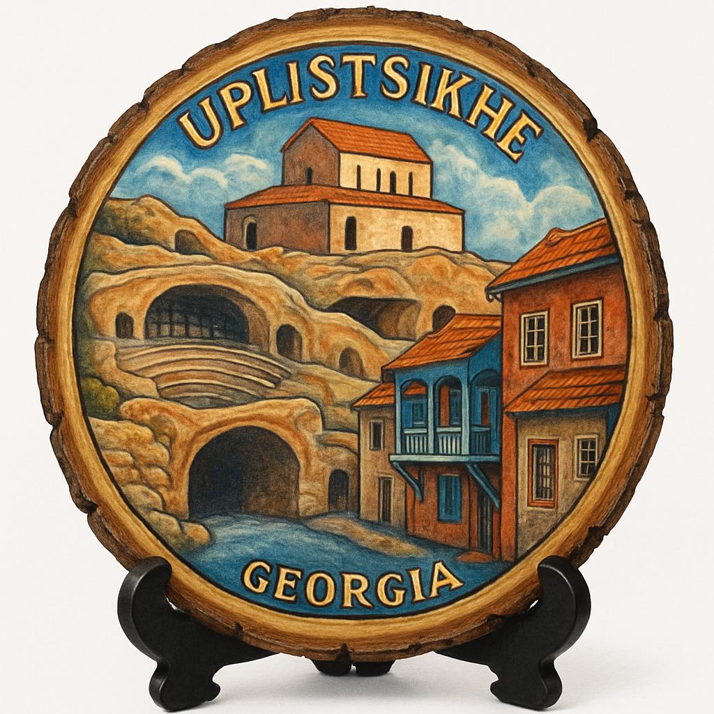 Uplistsikhe Georgia Souvenir Gift – Wood Slice Plaque for Wall or Table, Georgia (საქართველო) Souvenir Gift for Tourists, Ancient Rock Carvings Decorative Gift