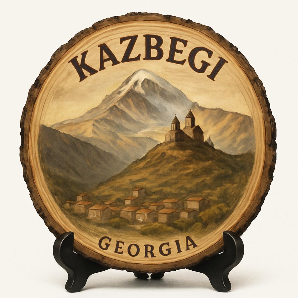 Kazbegi Georgia Souvenir Gift – Wood Slice Plaque for Wall or Table, Georgia (საქართველო) Souvenir Gift for Tourists, Majestic Mountain Landscape Decorative Gift