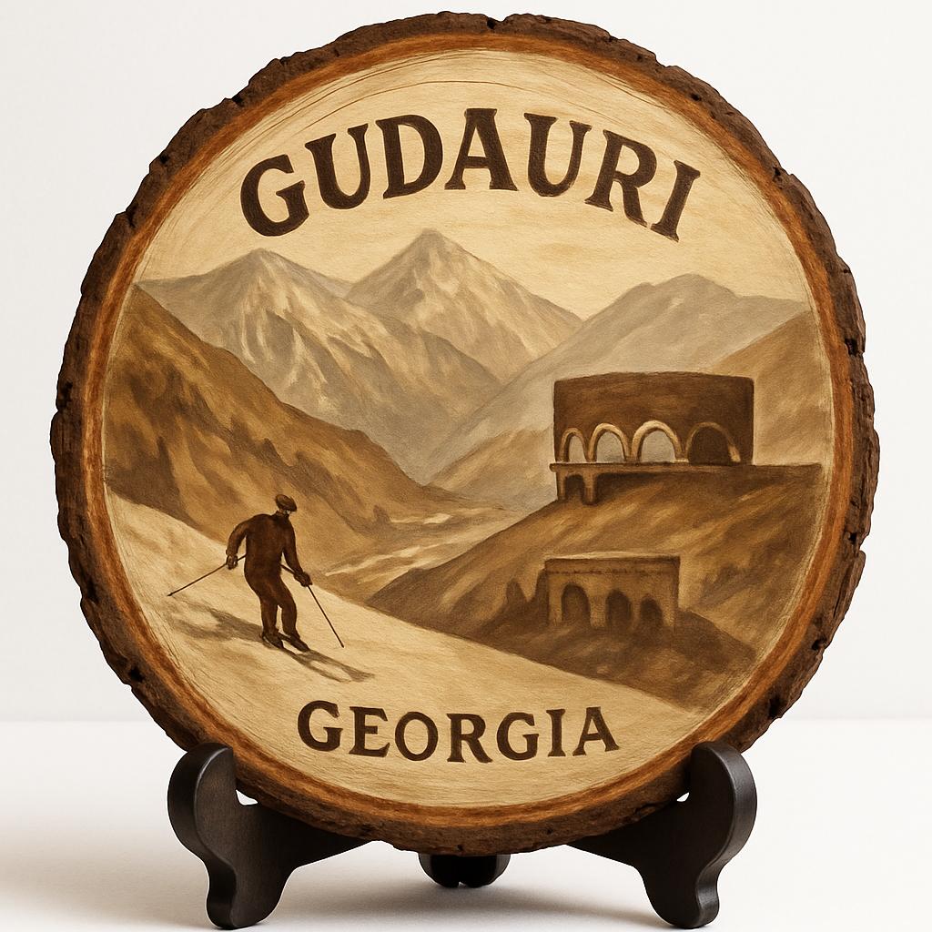 Gudauri Georgia Souvenir Gift – Wood Slice Plaque for Wall or Table, Georgia (საქართველო) Souvenir Gift for Tourists, Ski Resort Adventure Decorative Gift