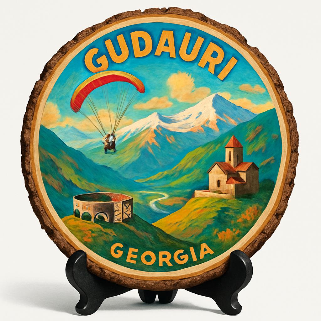 Gudauri Souvenir Gift – Wood Slice Plaque for Wall or Table, Georgia (საქართველო) Souvenir Gift for Tourists, Thrilling Ski Adventure Decorative Gift