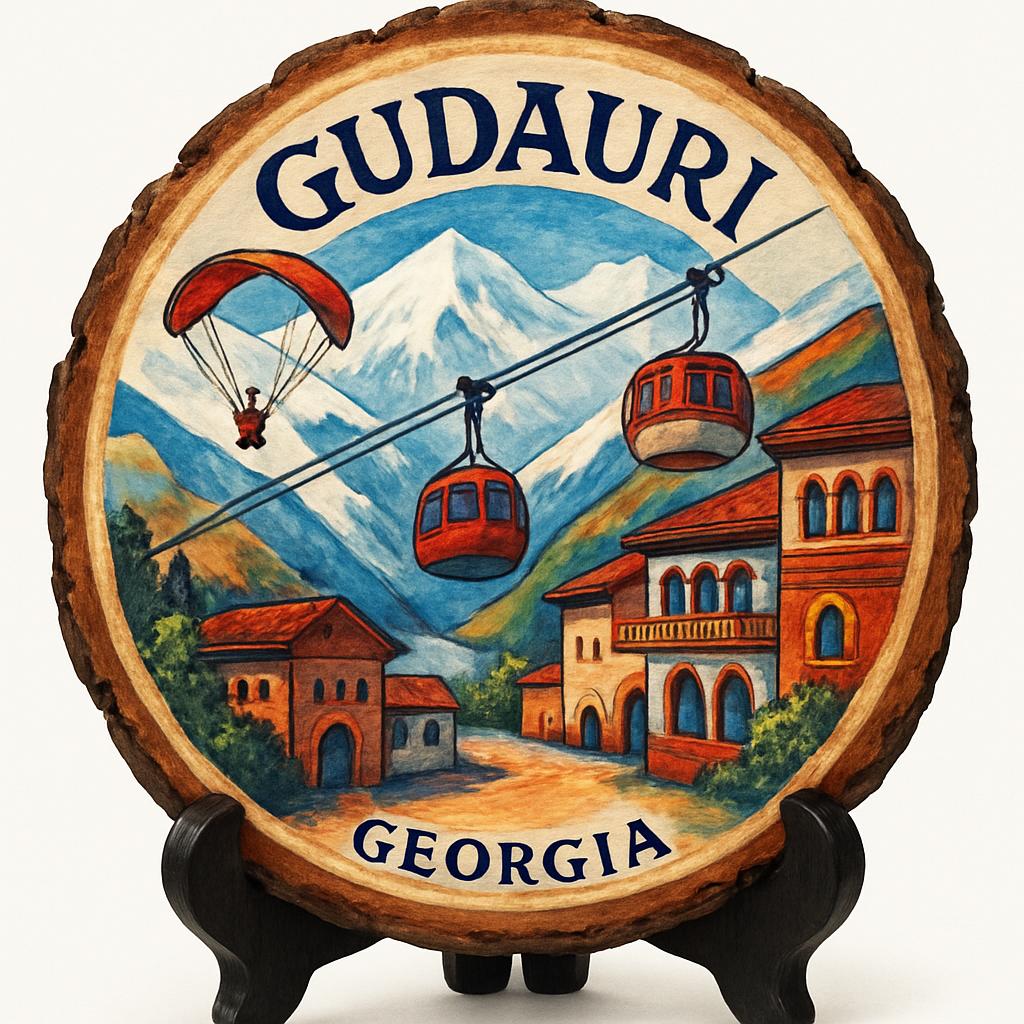 Gudauri Georgia Souvenir Gift – Wood Slice Plaque for Wall or Table, Georgia (საქართველო) Souvenir Gift for Tourists, Winter Wonderland Adventure Decorative Gift