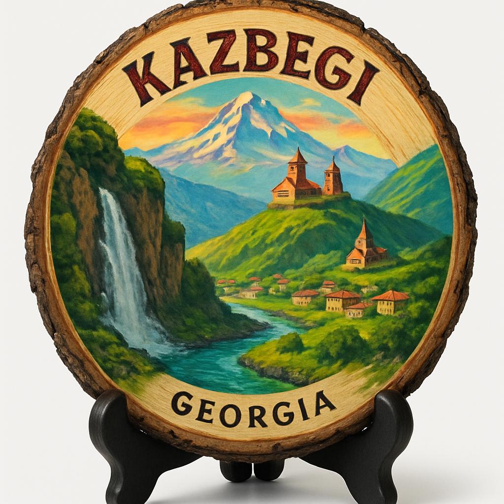 Kazbegi Georgia Souvenir Gift – Wood Slice Plaque for Wall or Table, Georgia (საქართველო) Souvenir Gift for Tourists, Stunning Mountain Views Decorative Gift