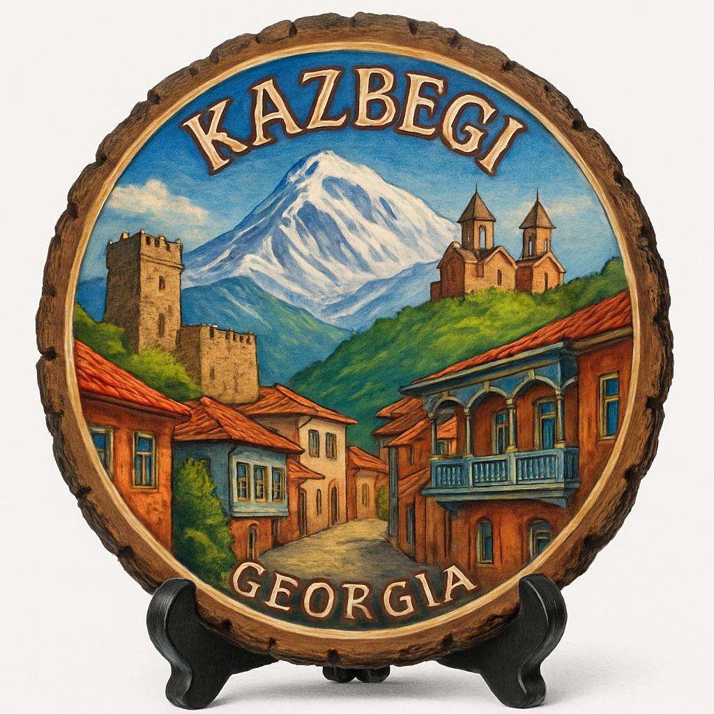 Kazbegi Georgia Souvenir Gift – Wood Slice Plaque for Wall or Table, Georgia (საქართველო) Souvenir Gift for Tourists, Majestic Kazbek Views Decorative Gift