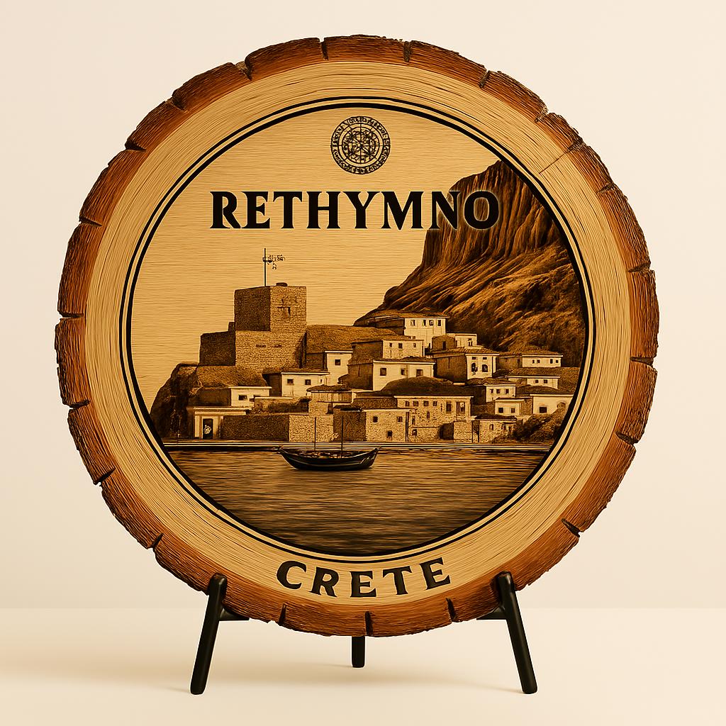 Rethymno Crete Greece Souvenir Gift – Wood Slice Plaque for Wall or Table, Vintage Rustic Harbor Scene for Tourists, Plate Collectors & Travel Lovers, Greek Decorative Gift