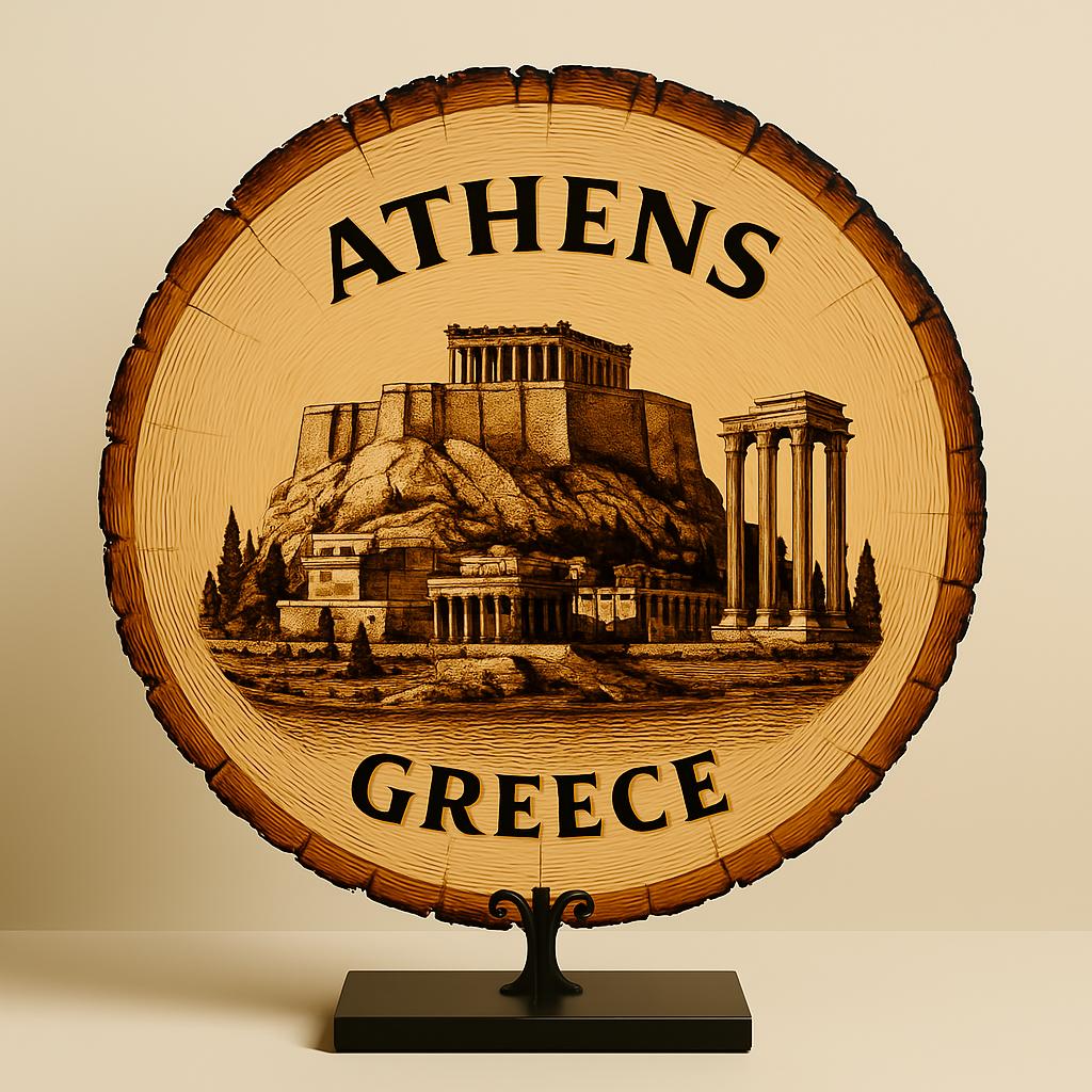 Athens Greece Souvenir Gift – Wood Slice Plaque for Wall or Table, Vintage Acropolis Landmark Design for Tourists, Plate Collectors & Travel Lovers, Classical Decorative Gift