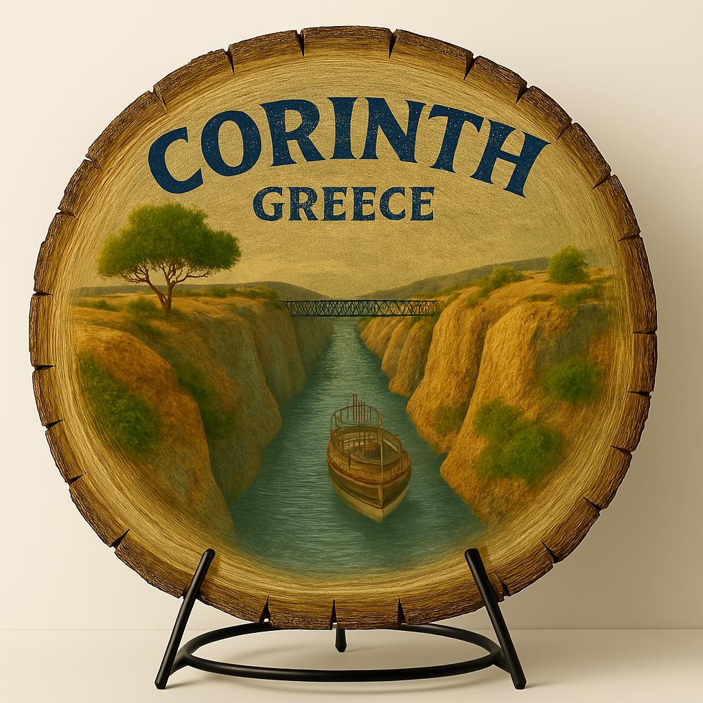 Corinth Greece Souvenir Gift – Wood Slice Plaque for Wall or Table, Vintage Ancient Column Artwork for Tourists, Plate Collectors & Travel Lovers, Historic Decorative Gift