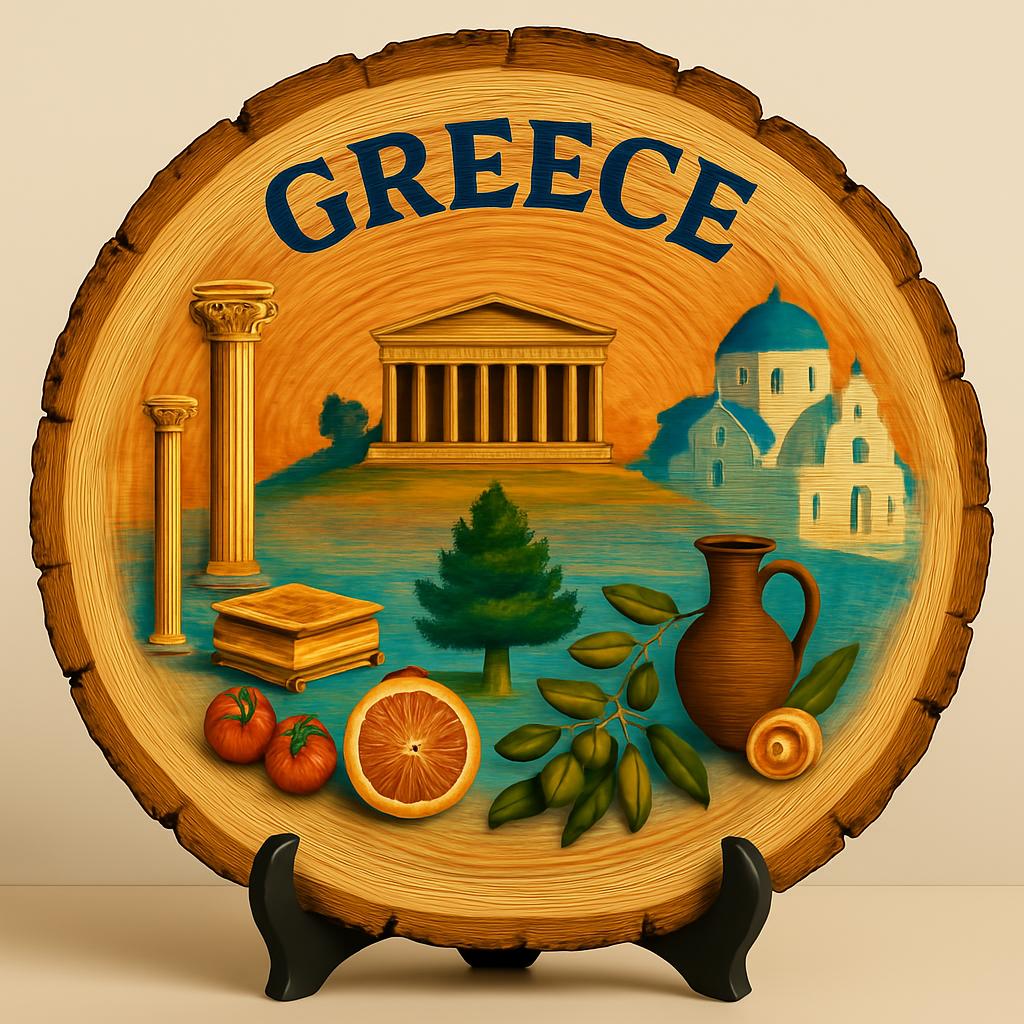 Greece Souvenir Gift – Wood Slice Plaque for Wall or Table, Vintage Scenic Village View for Tourists, Plate Collectors & Travel Lovers, Hellenic Decorative Gift