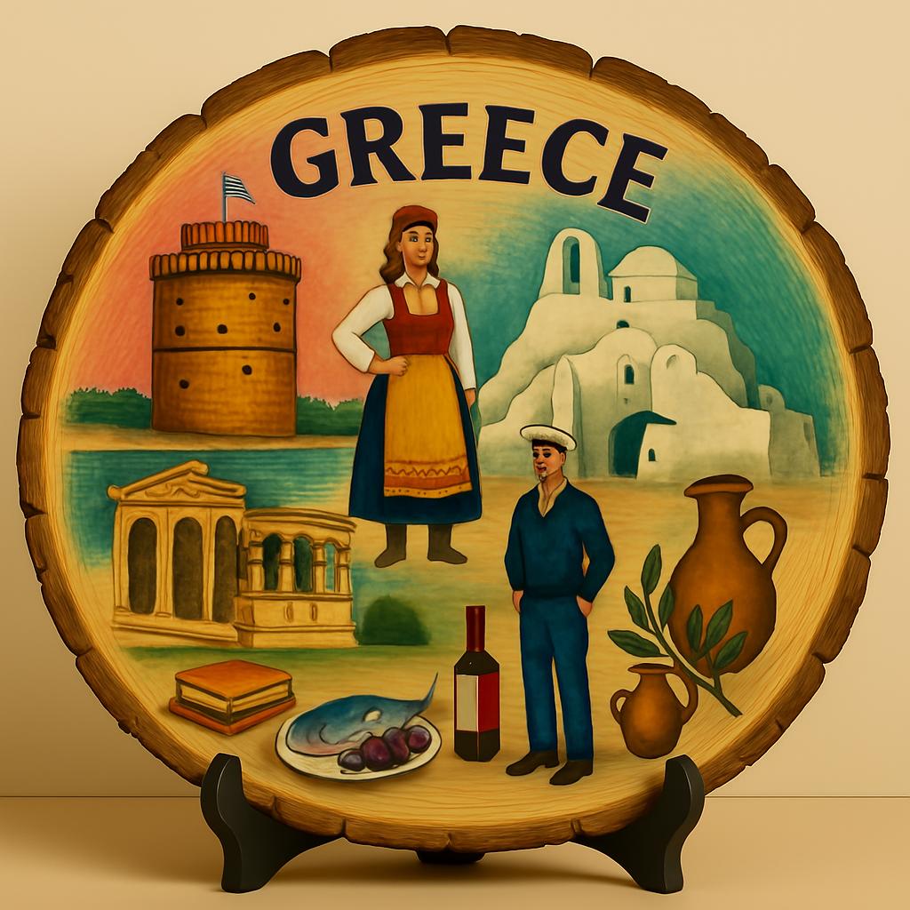 Greece Souvenir Gift – Wood Slice Plaque for Wall or Table, Vintage Island Landscape Design for Tourists, Plate Collectors & Travel Lovers, Greek Decorative Gift