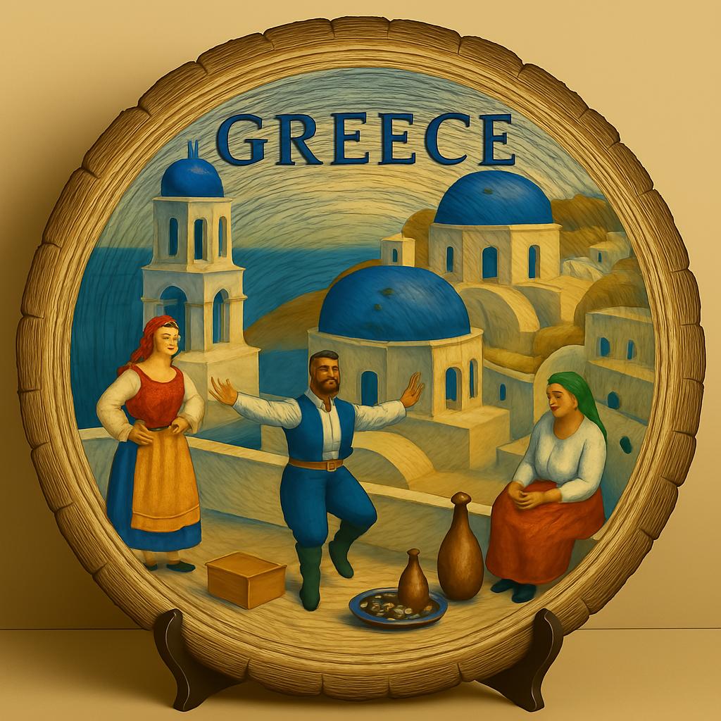 Greece Souvenir Gift – Wood Slice Plaque for Wall or Table, Vintage Rustic Coastline Art for Tourists, Plate Collectors & Travel Lovers, Mediterranean Decorative Gift