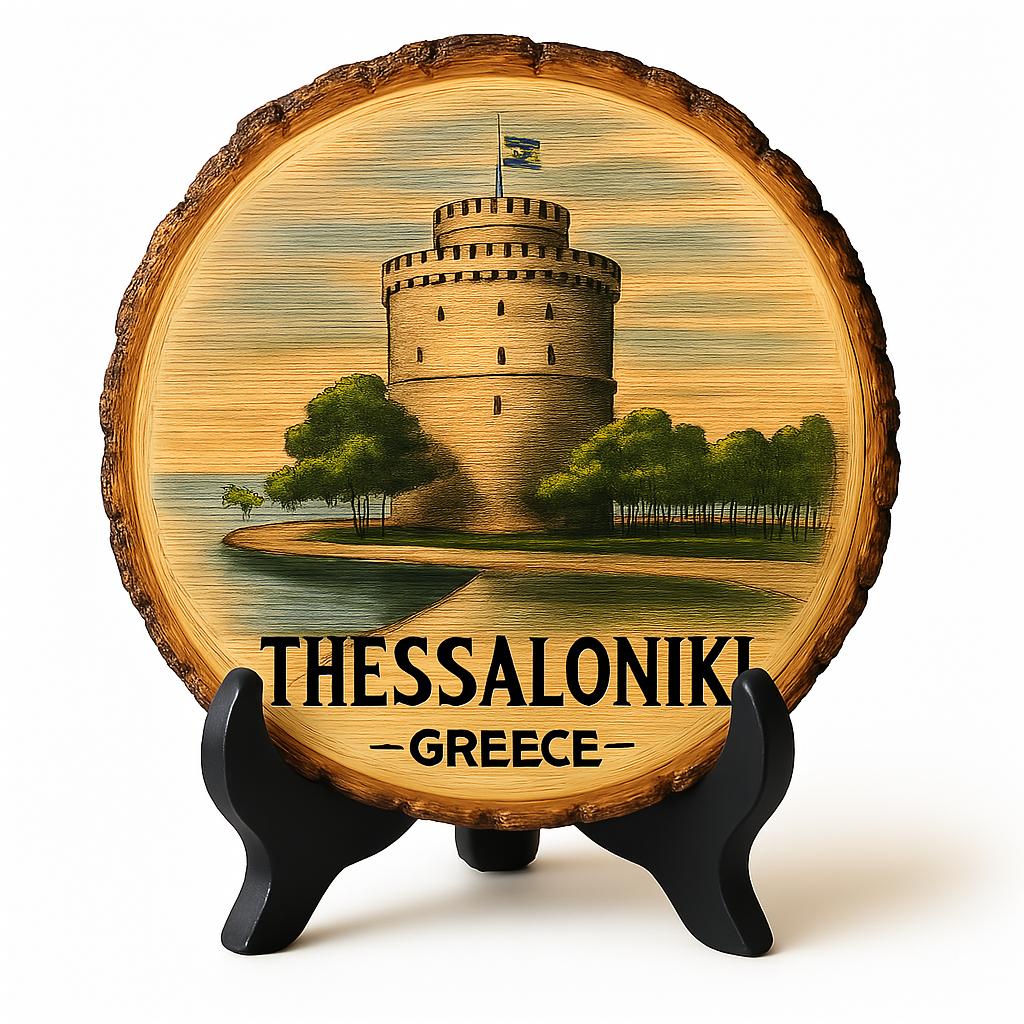 Thessaloniki Greece Souvenir Gift – Wood Slice Plaque for Wall or Table, Vintage Cityscape Artwork for Tourists, Plate Collectors & Travel Lovers, Northern Greek Decorative Gift