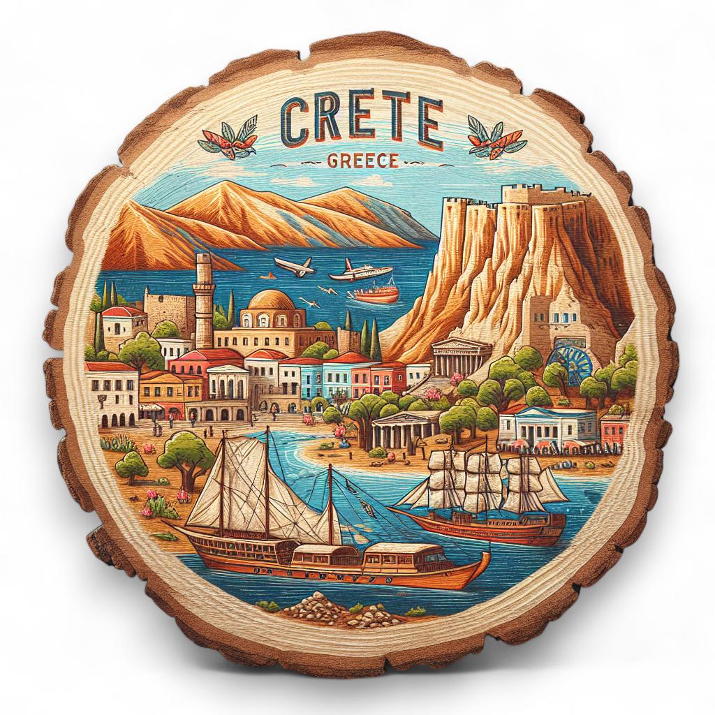 Crete Greece Souvenir Gift – Wood Slice Plaque for Wall or Table, Vintage Island Heritage Scene for Tourists, Plate Collectors & Travel Lovers, Greek Decorative Gift