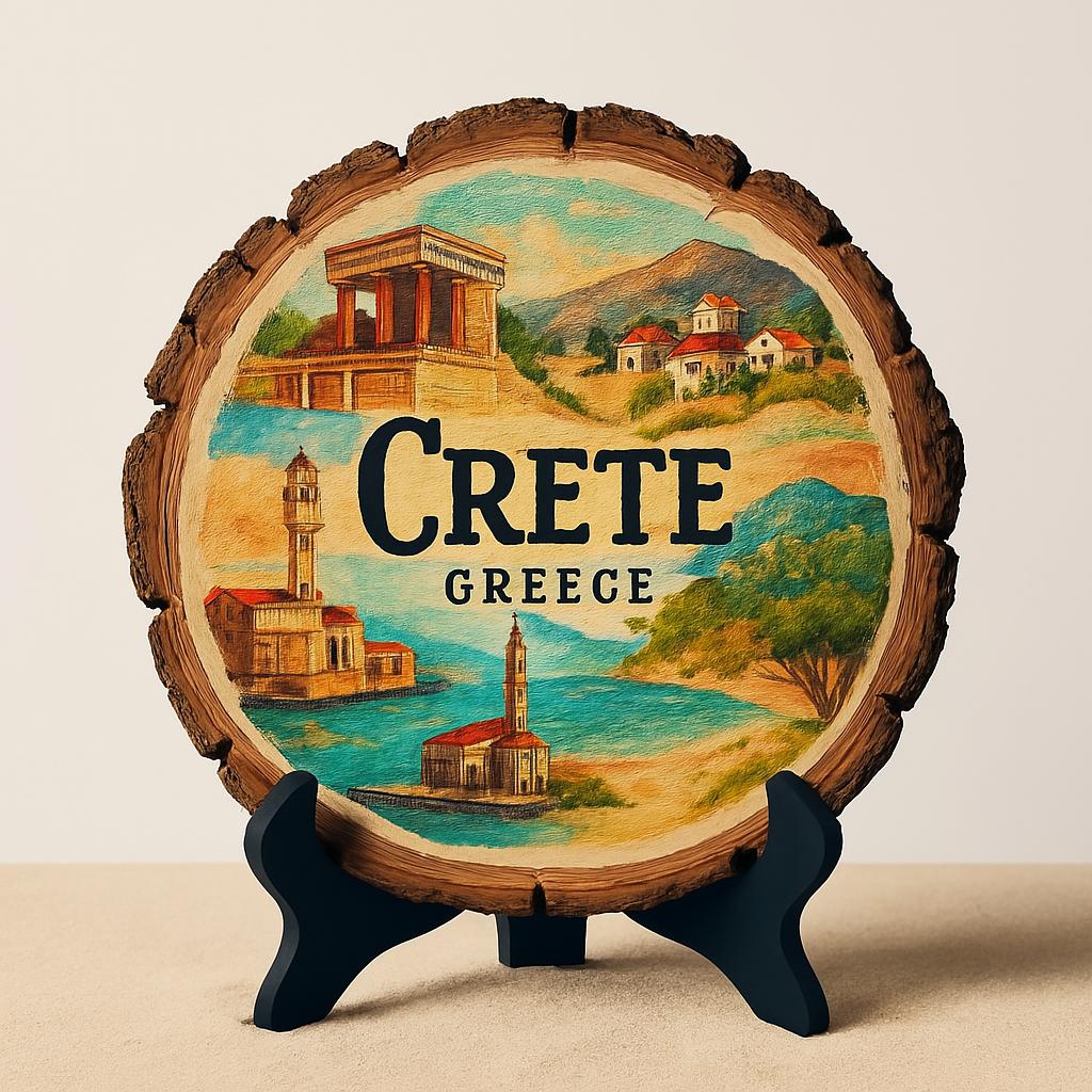 Crete Greece Souvenir Gift – Wood Slice Plaque for Wall or Table, Vintage Coastal Landscape Design for Tourists, Plate Collectors & Travel Lovers, Mediterranean Decorative Gift