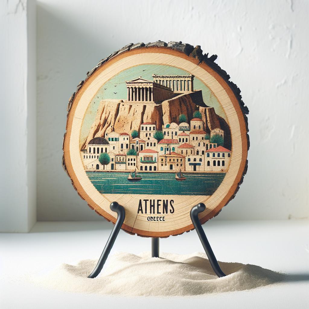 Athens Greece Souvenir Gift – Wood Slice Plaque for Wall or Table, Vintage Parthenon Skyline Scene for Tourists, Plate Collectors & Travel Lovers, Historic Decorative Gift