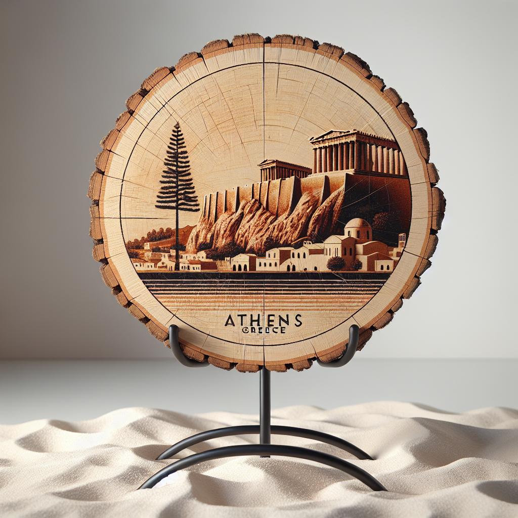 Athens Greece Souvenir Gift – Wood Slice Plaque for Wall or Table, Vintage Acropolis Sunset Artwork for Tourists, Plate Collectors & Travel Lovers, Classical Decorative Gift