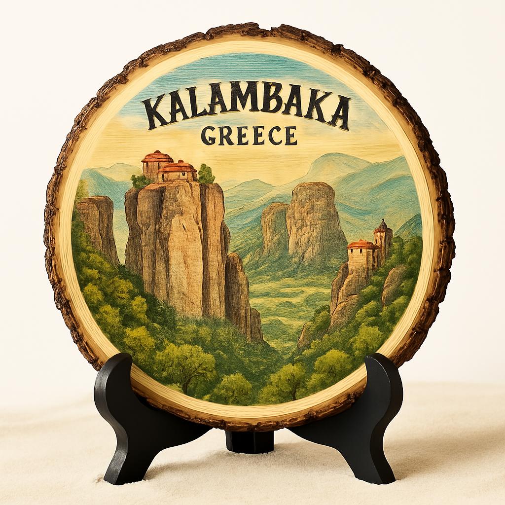 Kalambaka Greece Souvenir Gift – Wood Slice Plaque for Wall or Table, Vintage Meteora Monasteries Scene for Tourists, Plate Collectors & Travel Lovers, Scenic Decorative Gift