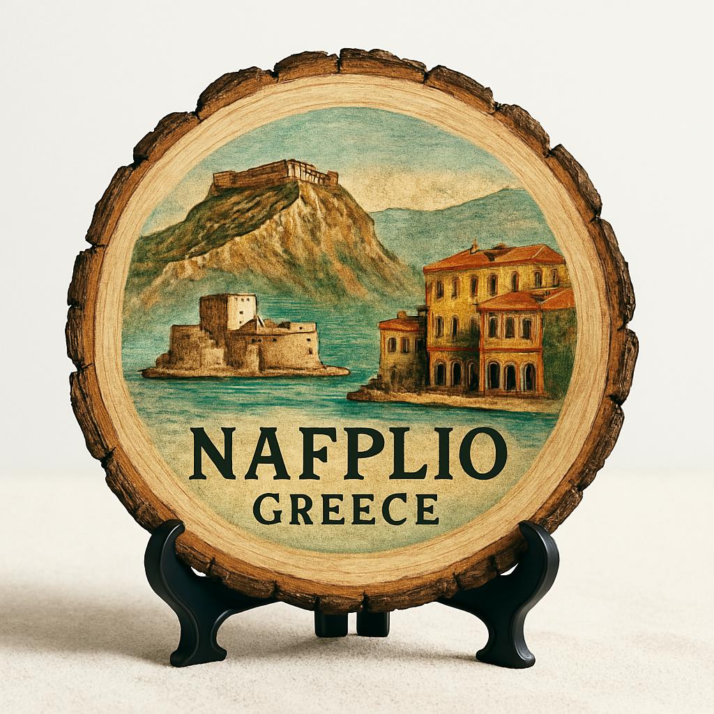 Nafplio Greece Souvenir Gift – Wood Slice Plaque for Wall or Table, Vintage Harbor Fortress Artwork for Tourists, Plate Collectors & Travel Lovers, Coastal Decorative Gift