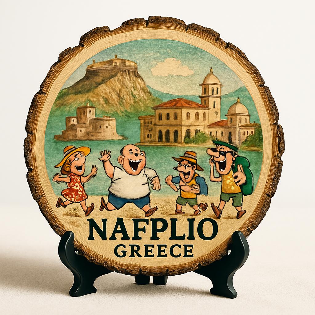 Nafplio Greece Souvenir Gift – Wood Slice Plaque for Wall or Table, Vintage Old Town Port Scene for Tourists, Plate Collectors & Travel Lovers, Greek Decorative Gift