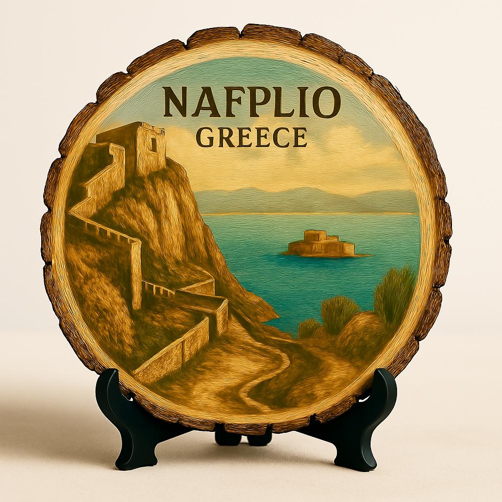 Nafplio Greece Souvenir Gift – Wood Slice Plaque for Wall or Table, Vintage Seaside Fortress Illustration for Tourists, Plate Collectors & Travel Lovers, Peloponnesian Decorative Gift