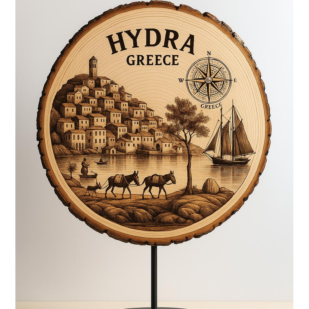 Hydra Greece Souvenir Gift – Wood Slice Plaque for Wall or Table, Vintage Port Village Artwork for Tourists, Plate Collectors & Travel Lovers, Greek Island Decorative Gift