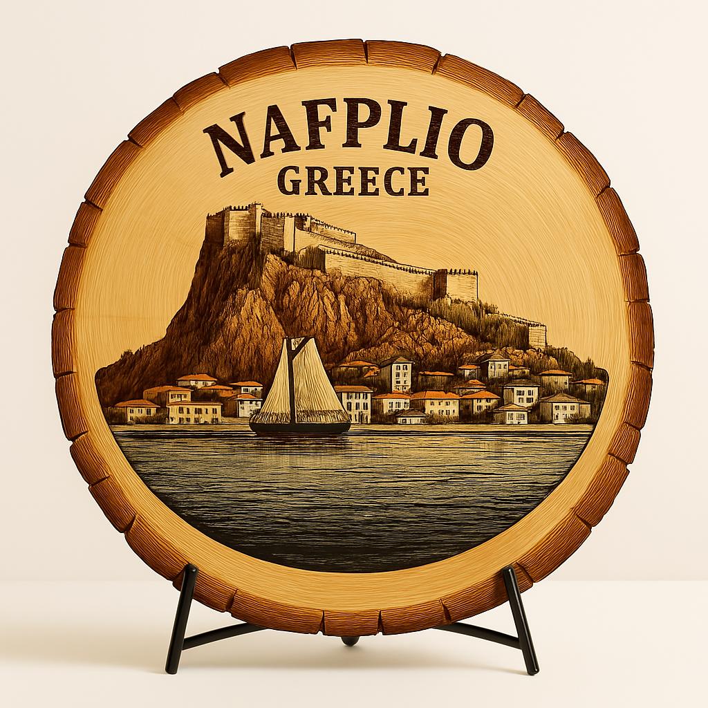 Nafplio Greece Souvenir Gift – Wood Slice Plaque for Wall or Table, Vintage Fortress Harbor Scene for Tourists, Plate Collectors & Travel Lovers, Peloponnesian Decorative Gift