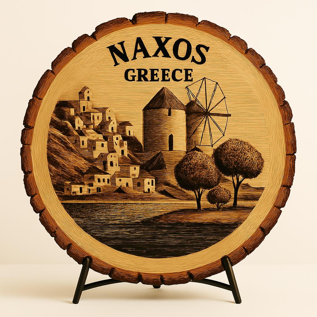 Naxos Greece Souvenir Gift – Wood Slice Plaque for Wall or Table, Vintage Island Temple Artwork for Tourists, Plate Collectors & Travel Lovers, Cycladic Decorative Gift