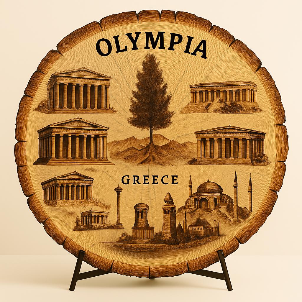 Olympia Greece Souvenir Gift – Wood Slice Plaque for Wall or Table, Vintage Ancient Ruins Design for Tourists, Plate Collectors & Travel Lovers, Classical Decorative Gift